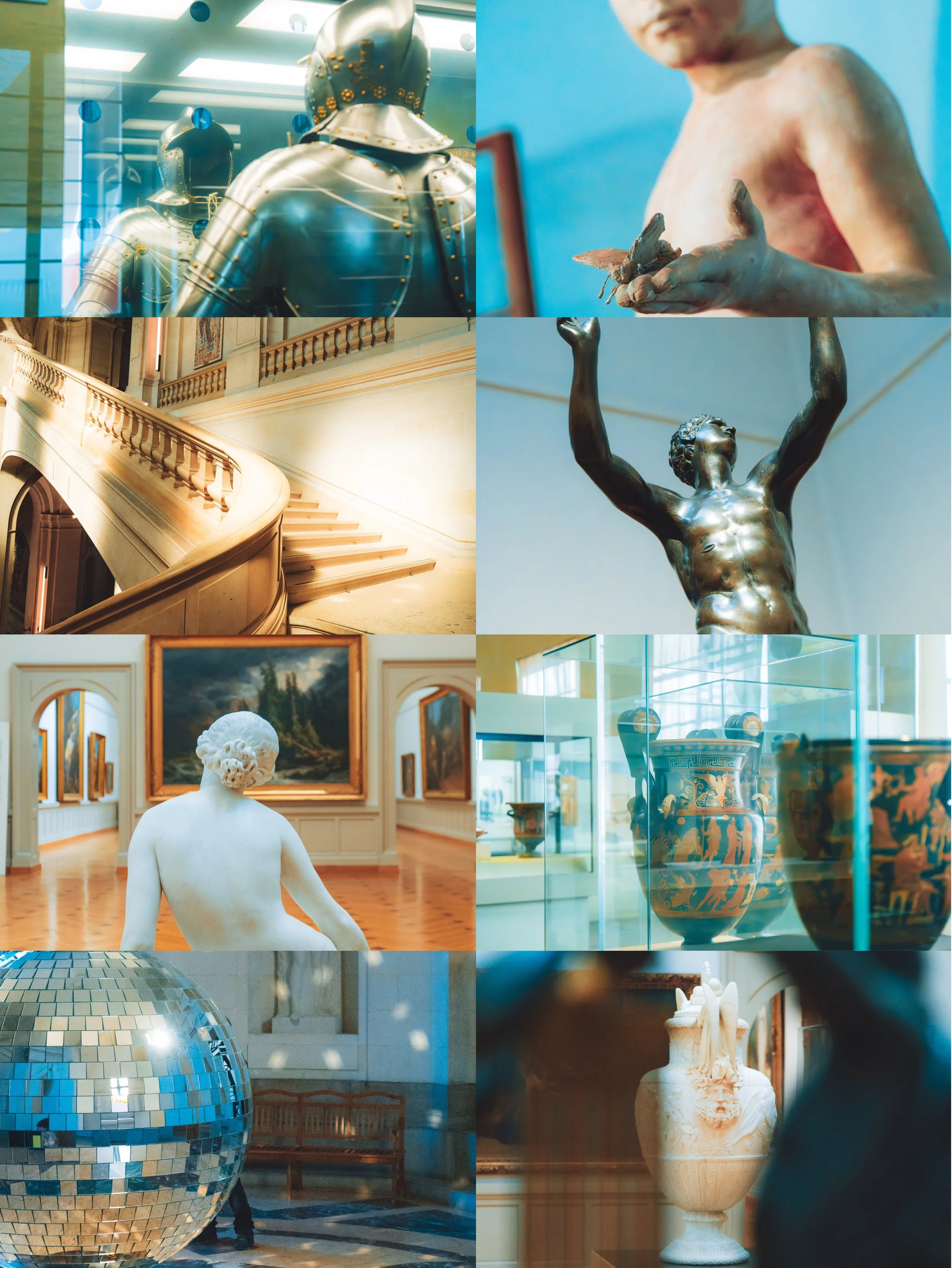 Collage de photos d'un musée avec des sculptures, des vases antiques, des œuvres d'art et un disco ball, mêlant art classique, histoire et art contemporain.