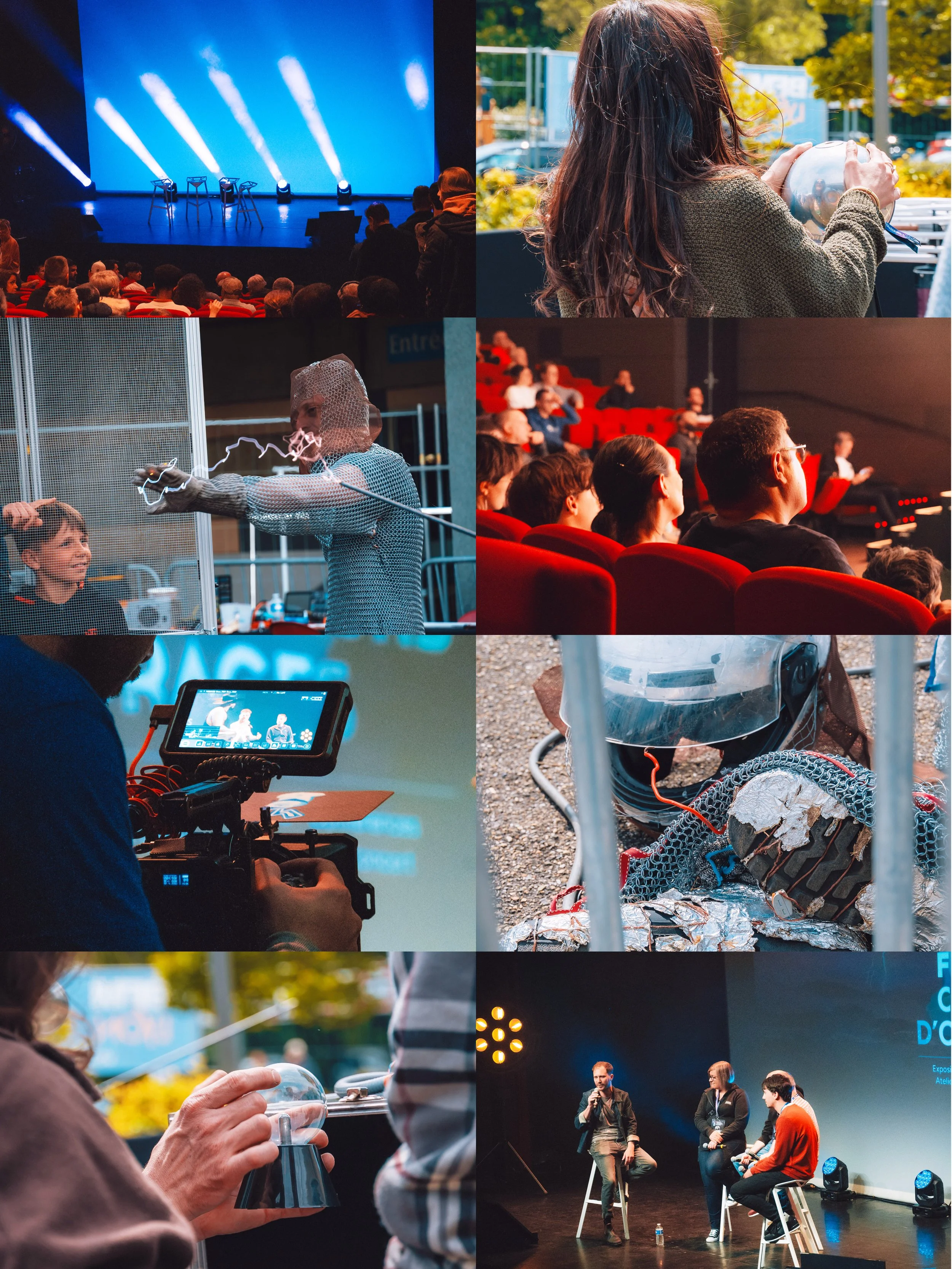 Une série de photos montrant un atelier ou une conférence. On voit des personnes dans une salle de spectacle, une personne manipulant un objet en plastique transparent, et des intervenants discutant sur scène. Il y a également une scène avec des chaises vides, une personne parlant à un micro et une autre participant à une démonstration scientifique ou technologique.