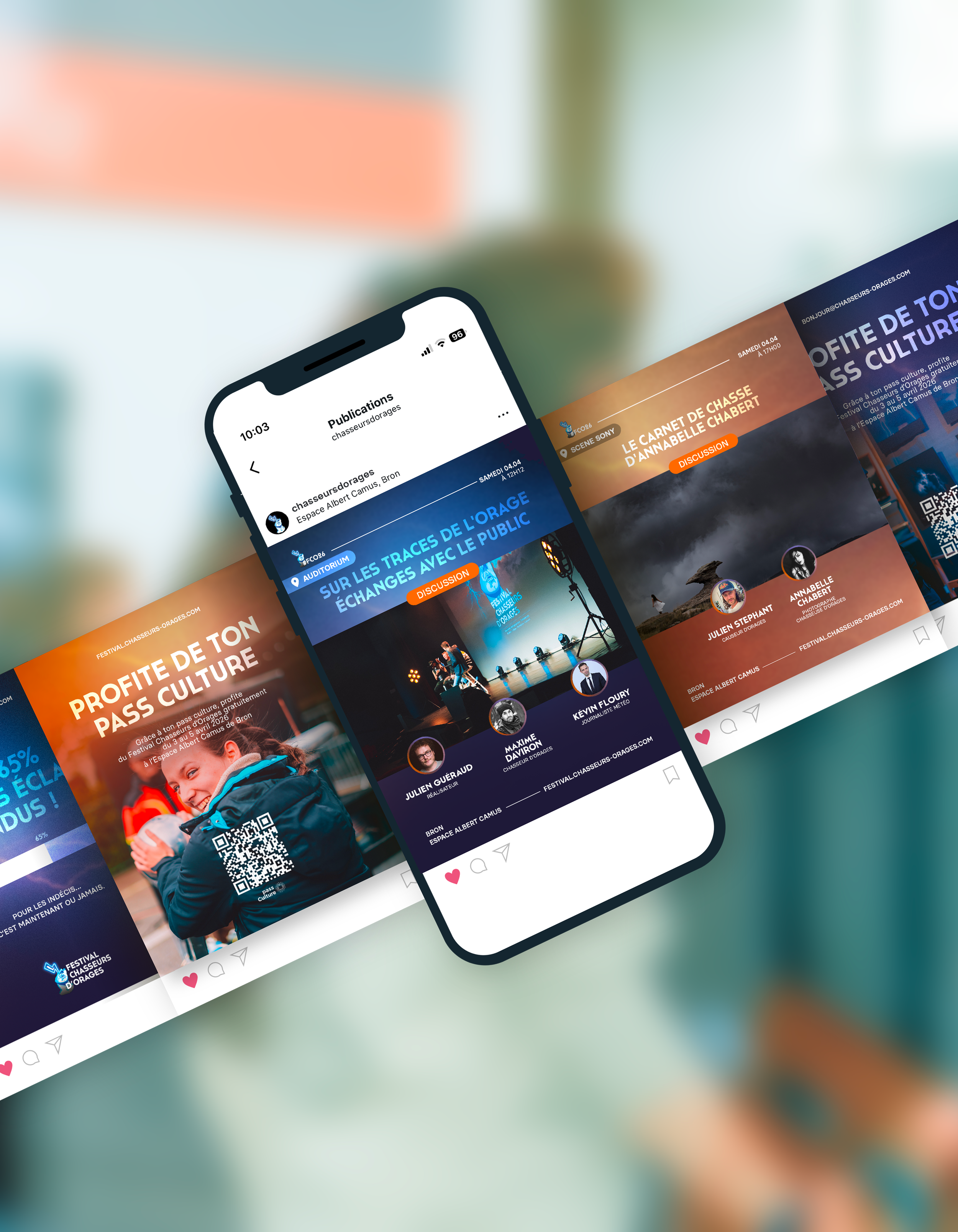 Capture d'écran d'une application mobile présentant des affiches pour des événements liés au festival Chasseurs D'Orages, avec des informations sur les dates, heures, lieux, intervenants, et un code QR.