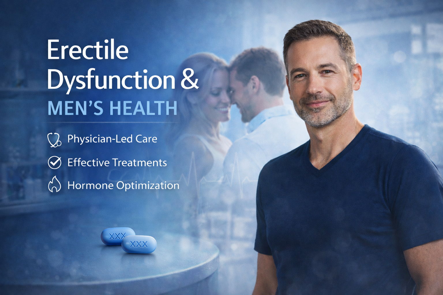 A man in a navy blue shirt smiling in the foreground with a blurred background of a couple close together. Text on the image mentions erectile dysfunction and men's health, with icons and points about physician-led care, effective treatments, and hormone optimization. Two blue pills with 'XXX' are on the table.