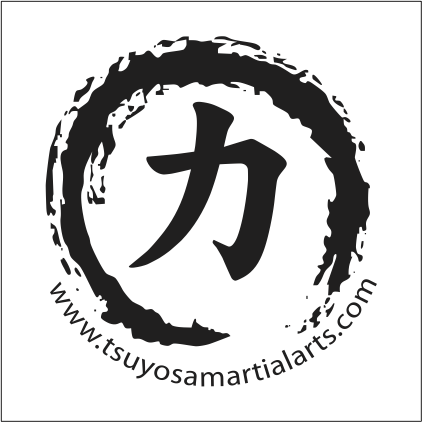 A black circular ink stamp with a Japanese kanji character in the center and the website www.tsuyosamartialarts.com written around the bottom edge.