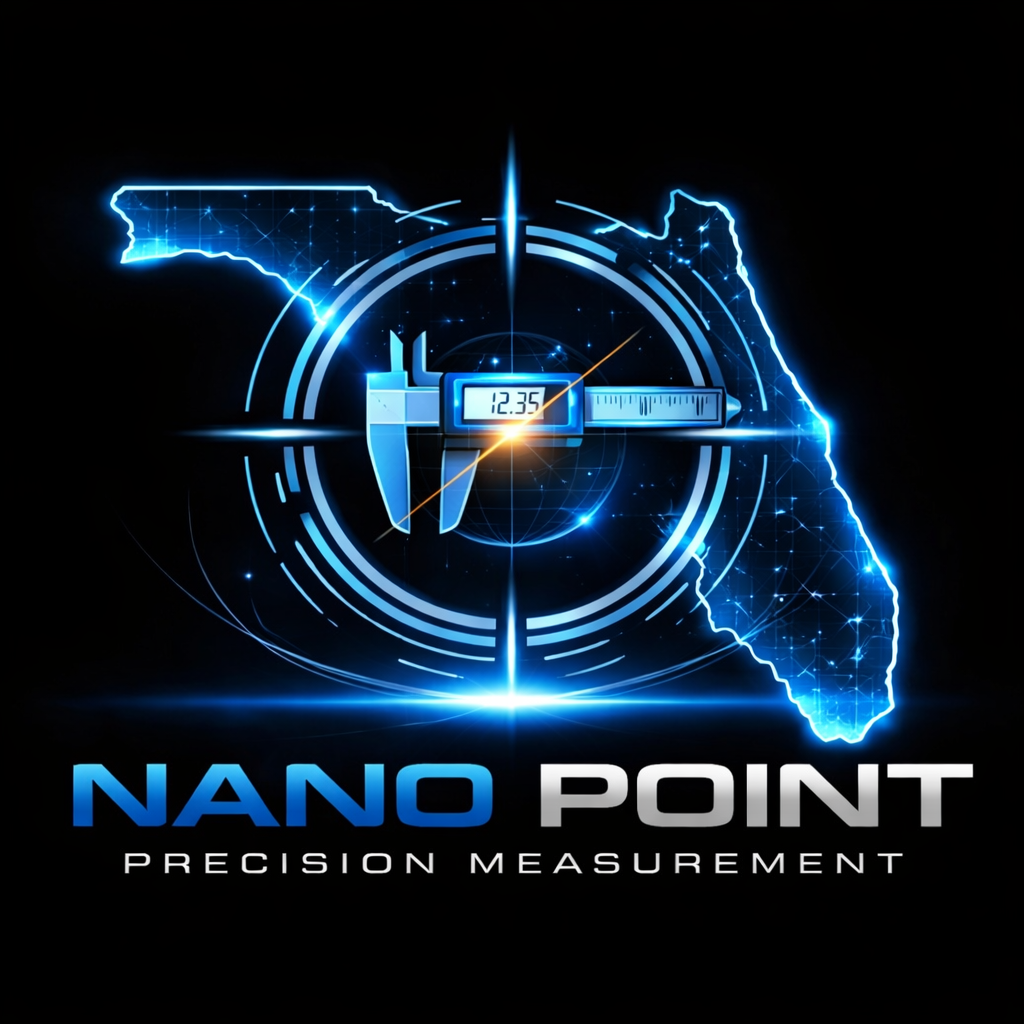 Futuristic digital graphic of the state of Florida with a blue glowing outline, a digital caliper measuring 12.35 units, overlaid with glowing circular target graphics. Beneath, the text reads 'NANO POINT' in bold blue and white font, followed by 'PRECISION MEASUREMENT' in smaller white letters.