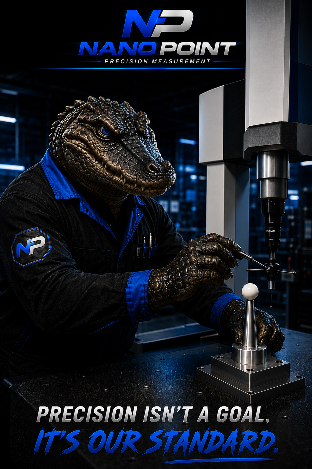 A humanoid alligator in a black and blue work uniform operates a precision measurement machine in a technological laboratory setting.