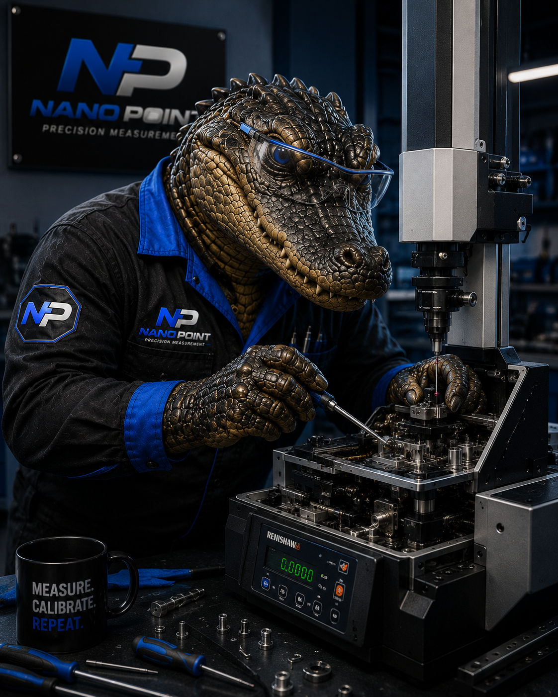 A humanoid crocodile wearing a black and blue lab coat with "Nano Point" logo, working with precision measurement equipment in a laboratory.