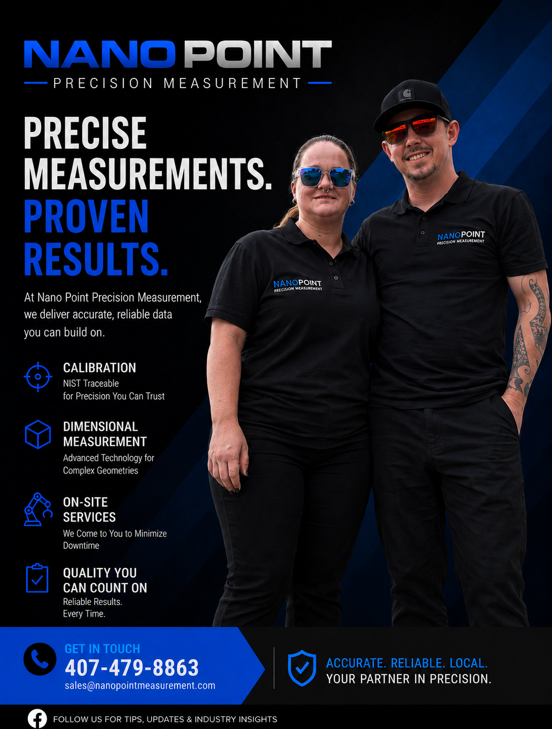 Two people wearing black polo shirts with Nano Point Precision Measurement logo, standing side by side, smiling. The background is black and dark blue with text promoting Nano Point's precision measurement services, calibration, dimensional measurement, on-site services, and contact information.