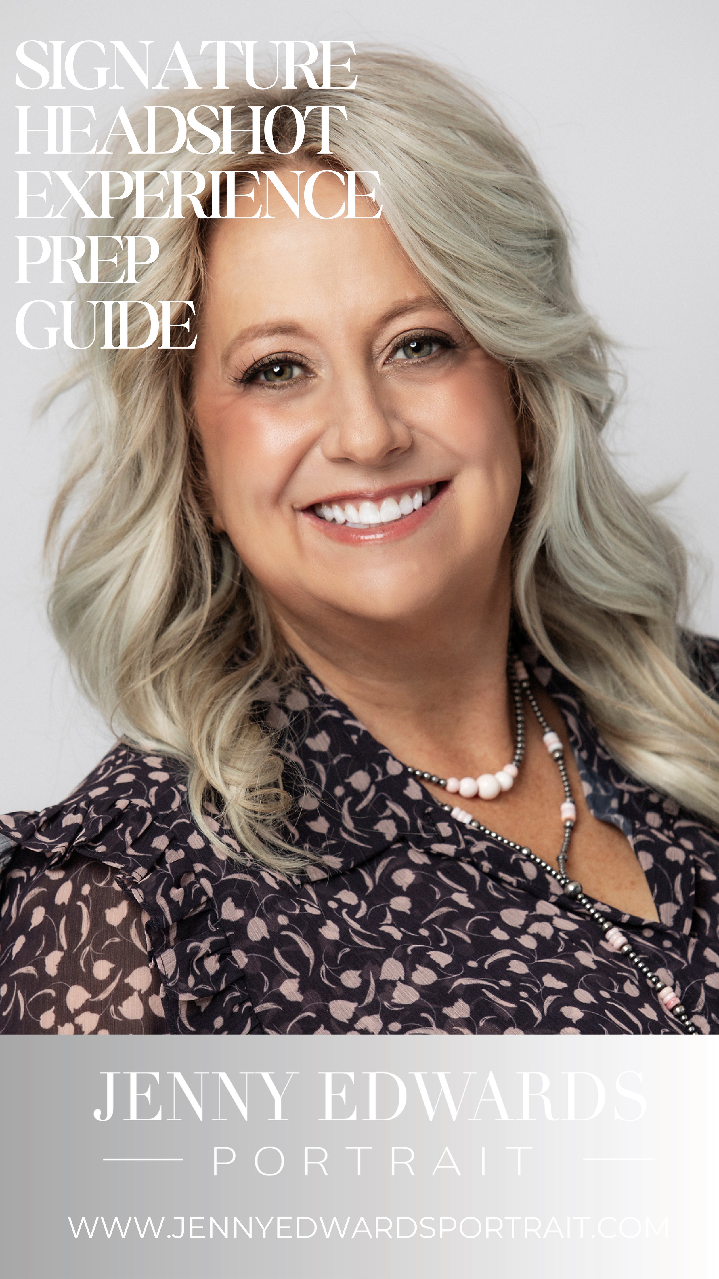 Headshot of an optometrist in Amarillo, TX with blonde hair and a patterned black top, wearing layered necklaces, with text overlay about headshot experience prep guide and website URL.