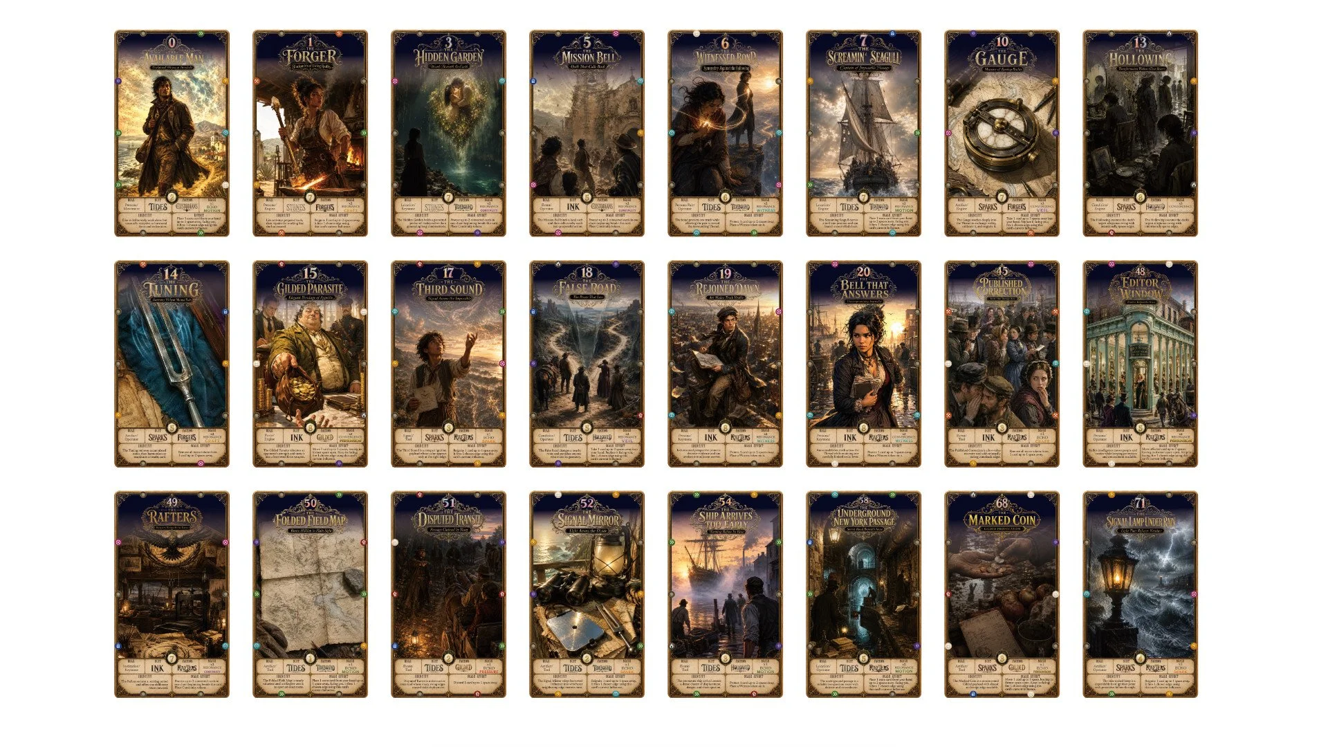 Collection of fantasy-themed illustrated playing cards featuring characters and scenes from a story or game, arranged in multiple rows.