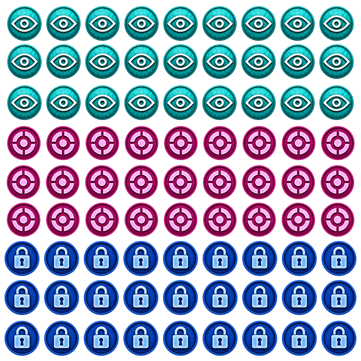 Rows of digital icons with security themes: top row displays eye symbols in aqua, second row shows target symbols in pink, and bottom row features padlock symbols in blue, all against a black background.