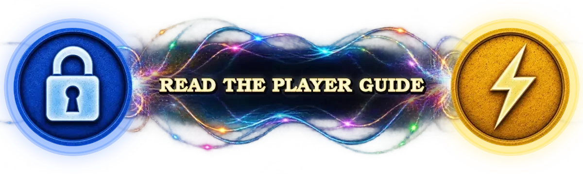 Centered text 'READ THE PLAYER GUIDE' flanked by a blue lock icon on the left and a gold lightning bolt icon on the right, with colorful light streaks in the background.