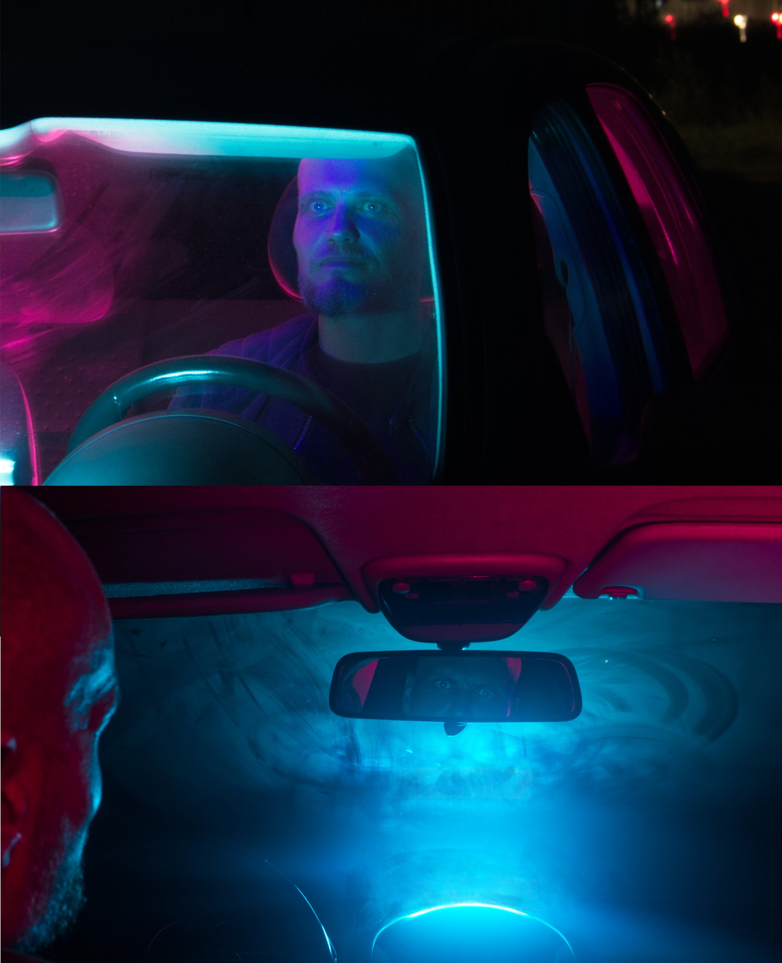 A man driving a car at night illuminated by vibrant neon lights, with a reflection of his face in the windshield in the top image, and looking at the road with blue and purple lighting reflecting inside the car in the bottom image.