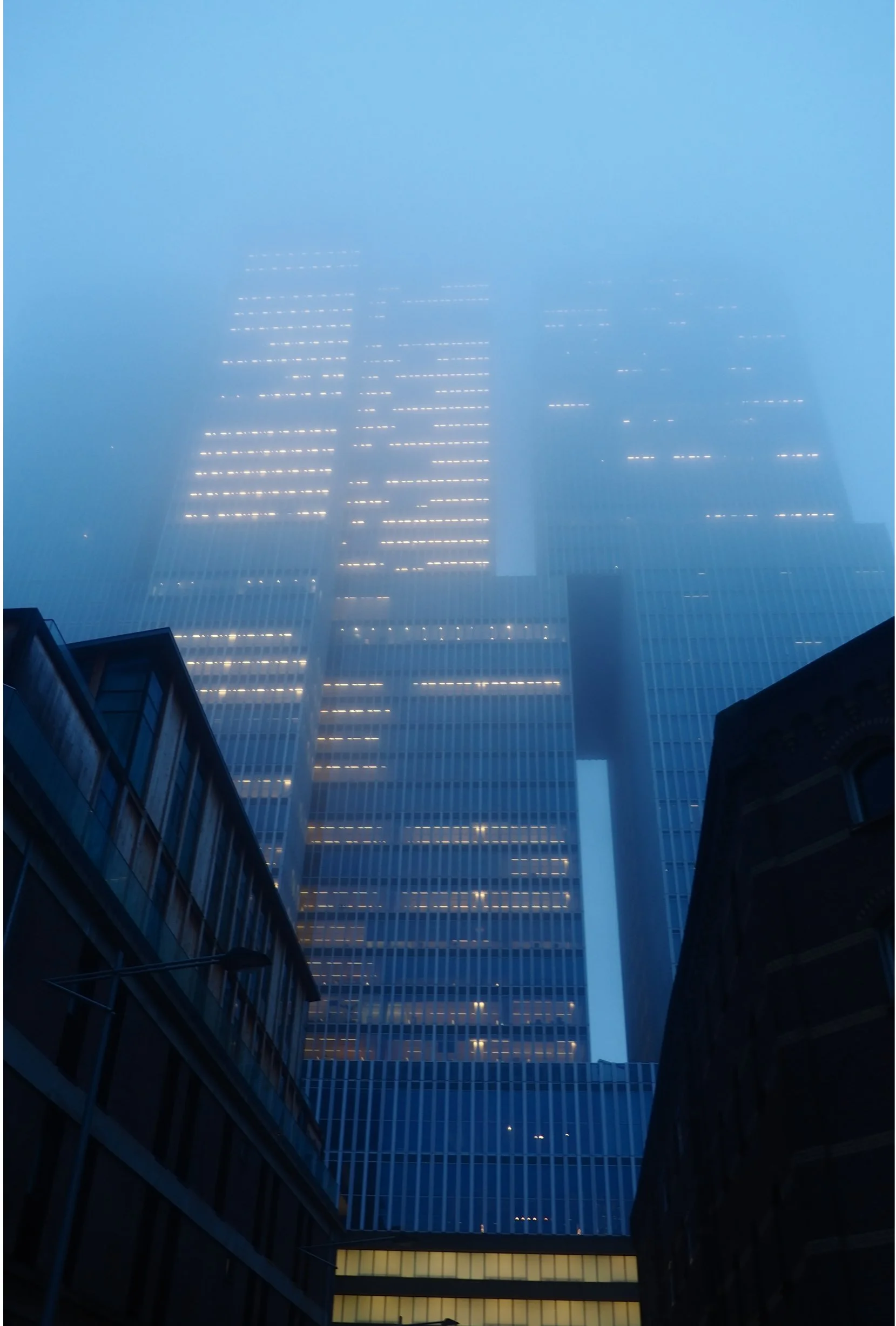 Foggy Rotterdam. CyberPunk. Skyscraper 