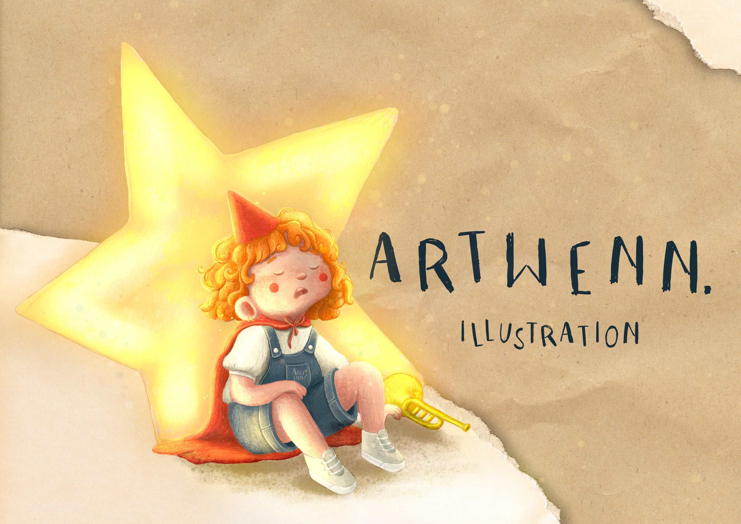 Une illustration représentant une petite fille avec des cheveux bouclés roux, assise sur un coussin rouge, jouant de la trompette. Un grand éclairage en forme d'étoile jaune l'entoure, avec un fond beige et du texte partiellement visible.