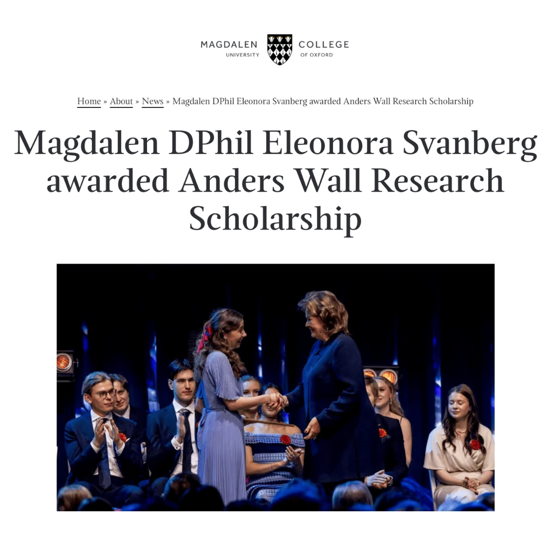 In 2025, I was awarded the prestigious Anders Wall Research Scholarship (£15,000). This highly competitive scholarship is given to one young researcher with exceptional potential each year, and was presented in a ceremony at Stockholm’s Grand Hôtel, 