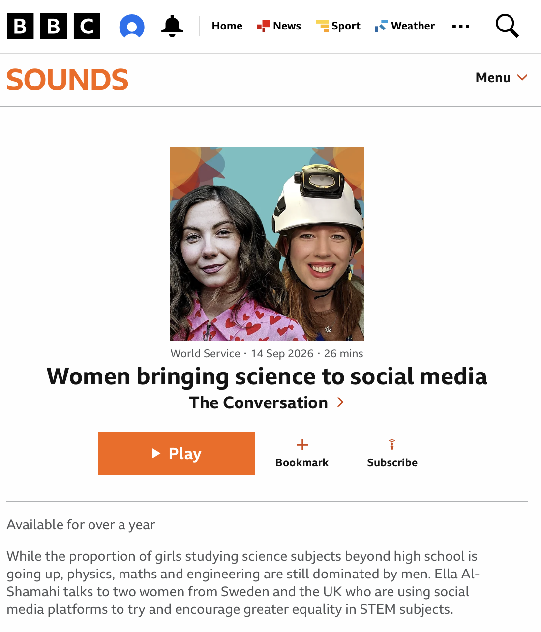 I was featured on BBC's World Service production "The Conversation" together with Clara Nellist to talk about using social media to inspire young people to pursue science. It was aired on September 14th 2026.