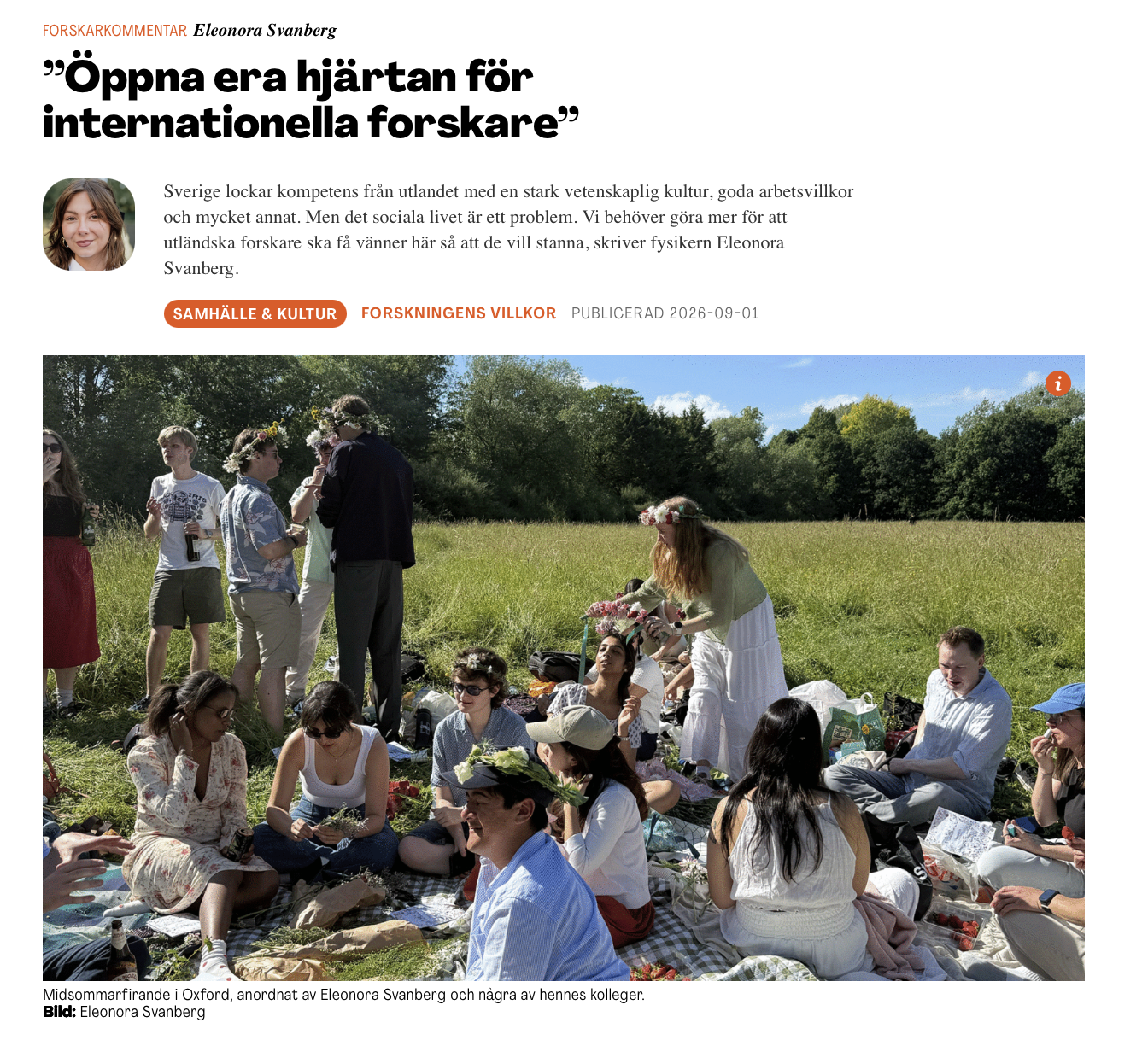 Column about how Swedish researchers need to be more welcoming to international researchers. 
