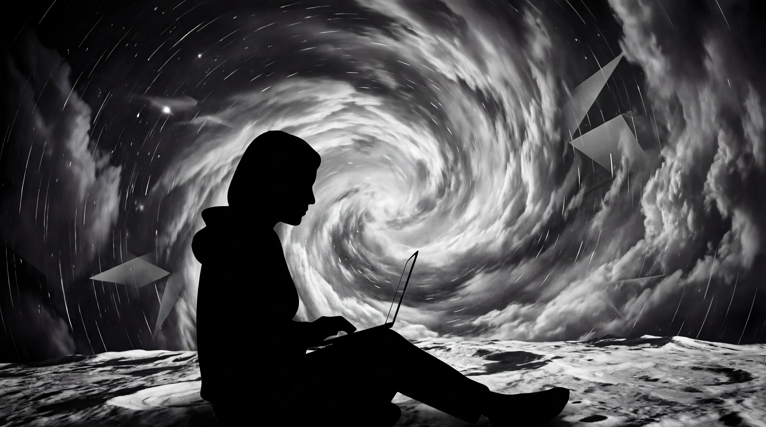 Silhouette of a person sitting outdoors, holding a laptop and a smartphone, with a swirling galaxy and stars in the sky behind them.
