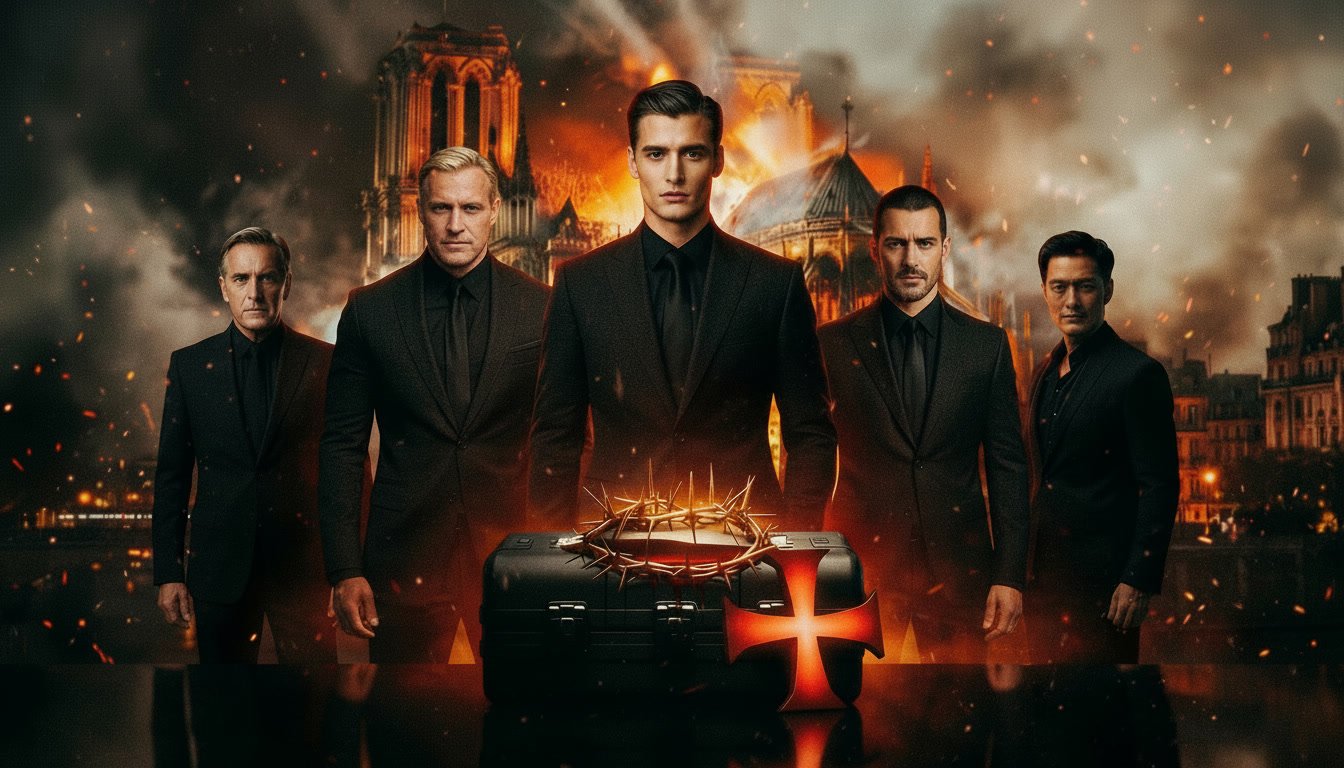 Group of five men in black suits standing in front of a burning Notre Dame Cathedral with dark, cloudy sky in the background, and a mystery black case with a red cross and a crown of thorns on top in the foreground.