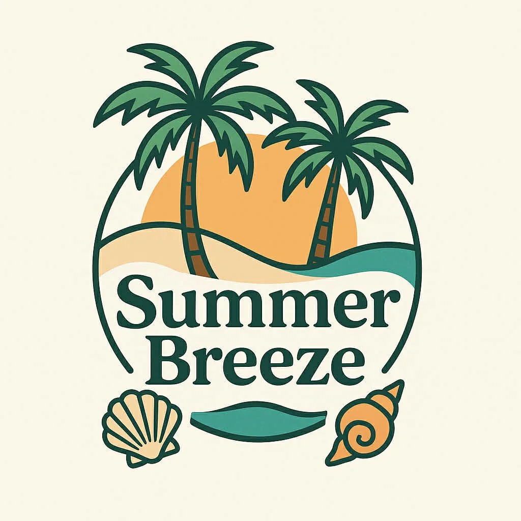 Illustration of two palm trees on a beach with sand and water, with a sun in the background. The words "Summer Breeze" are written below, accompanied by a seashell, a leaf, and a seashell icon.