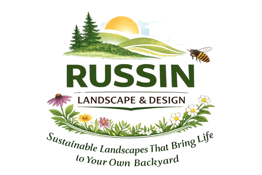 Logo for Russian Landscape & Design featuring a scenic landscape with trees, sun, bee, colorful flowers, and greenery, with the text "Russian Landscape & Design" and the tagline "Seasonal Landscapes That Shine!"