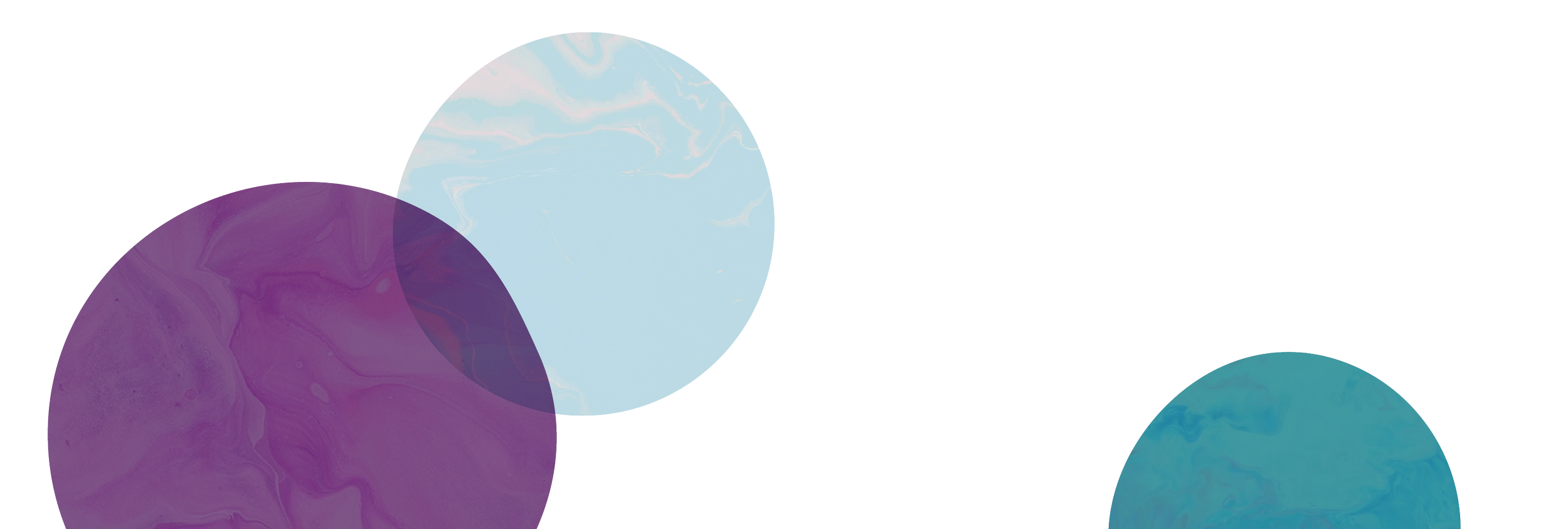 Colorful abstract bubbles with marble-like patterns in purple, light blue, and teal on a white background.