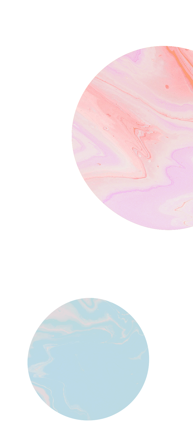 Abstract art with pink and purple marbled pattern in a sphere on a black background, and a light blue marbled pattern in a sphere on a black background.