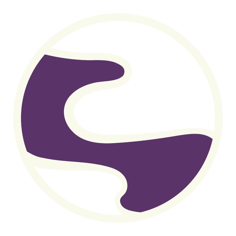 A circular logo with purple and white abstract design on a black background.