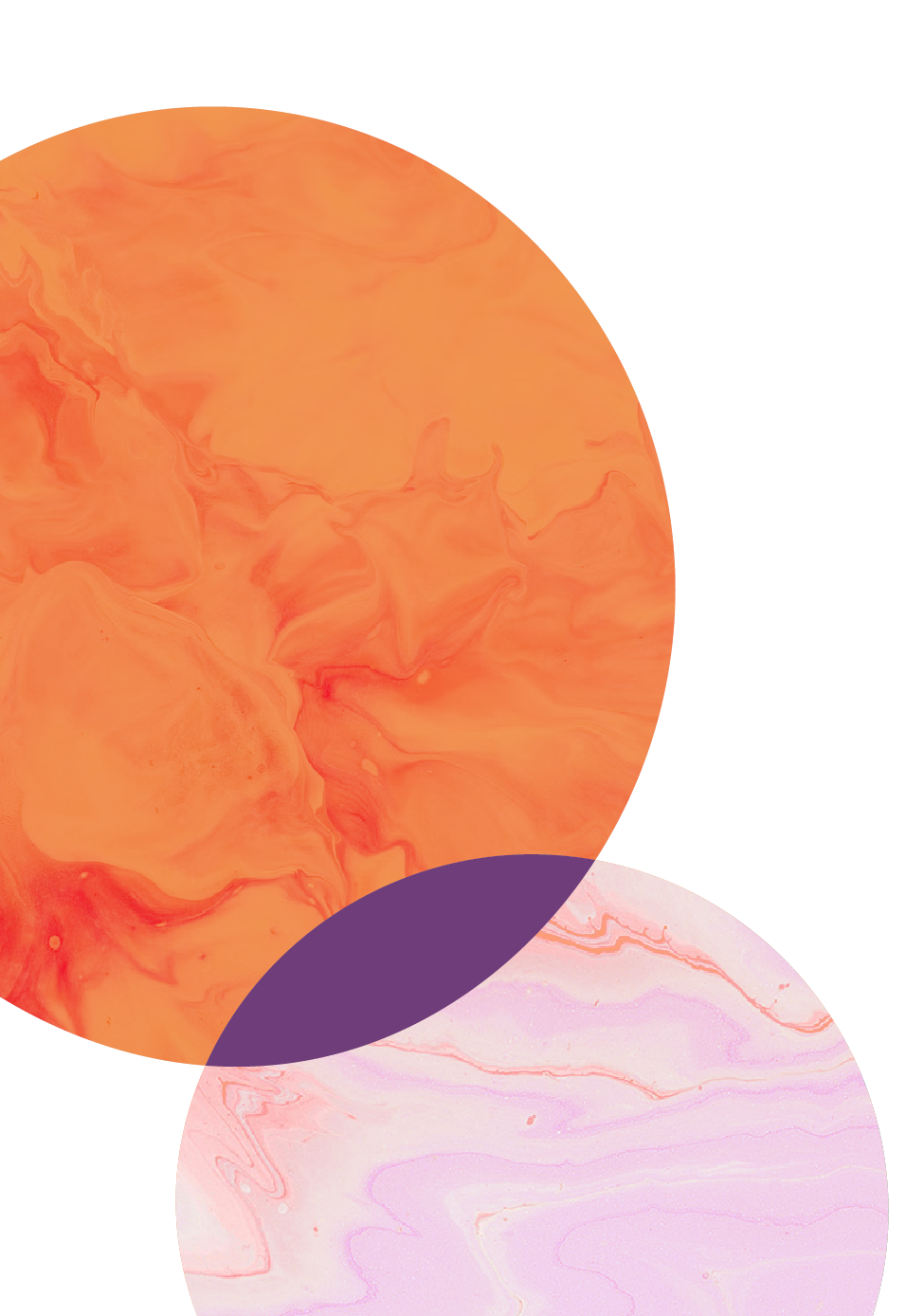 Abstract art with orange and pink marbled circles overlapping, with a small purple semicircle at the bottom.