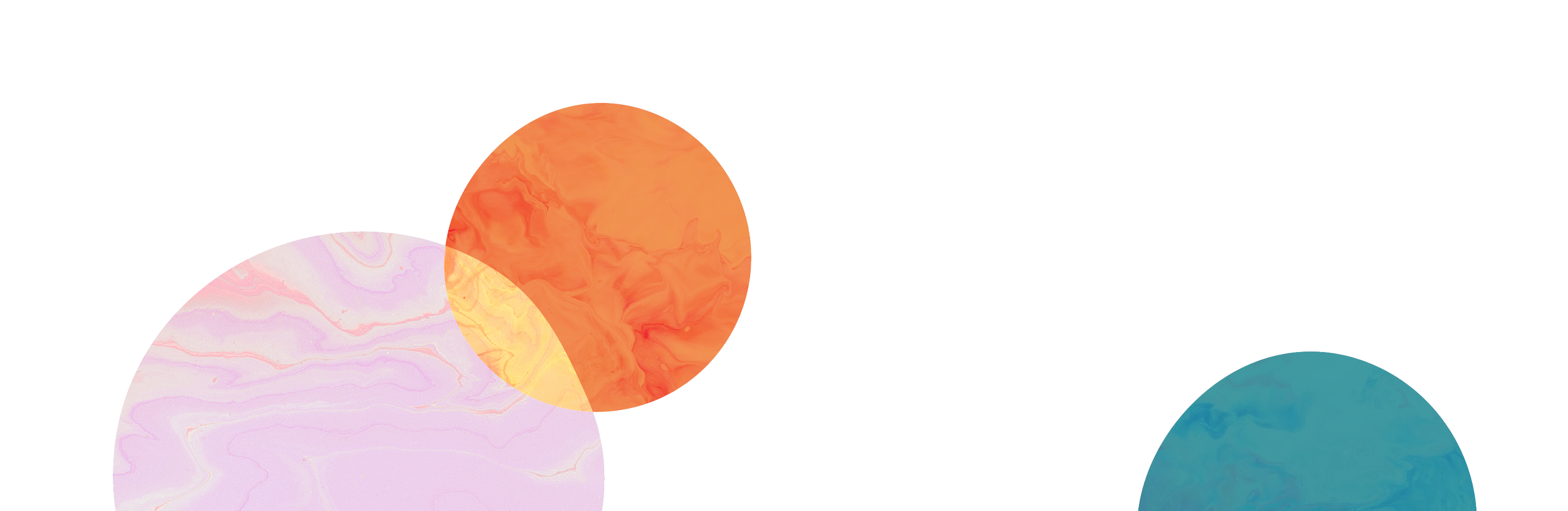 Decorative digital graphic with overlapping circles in pastel colors and marbled textures, including pink, orange, and blue, on a transparent background.