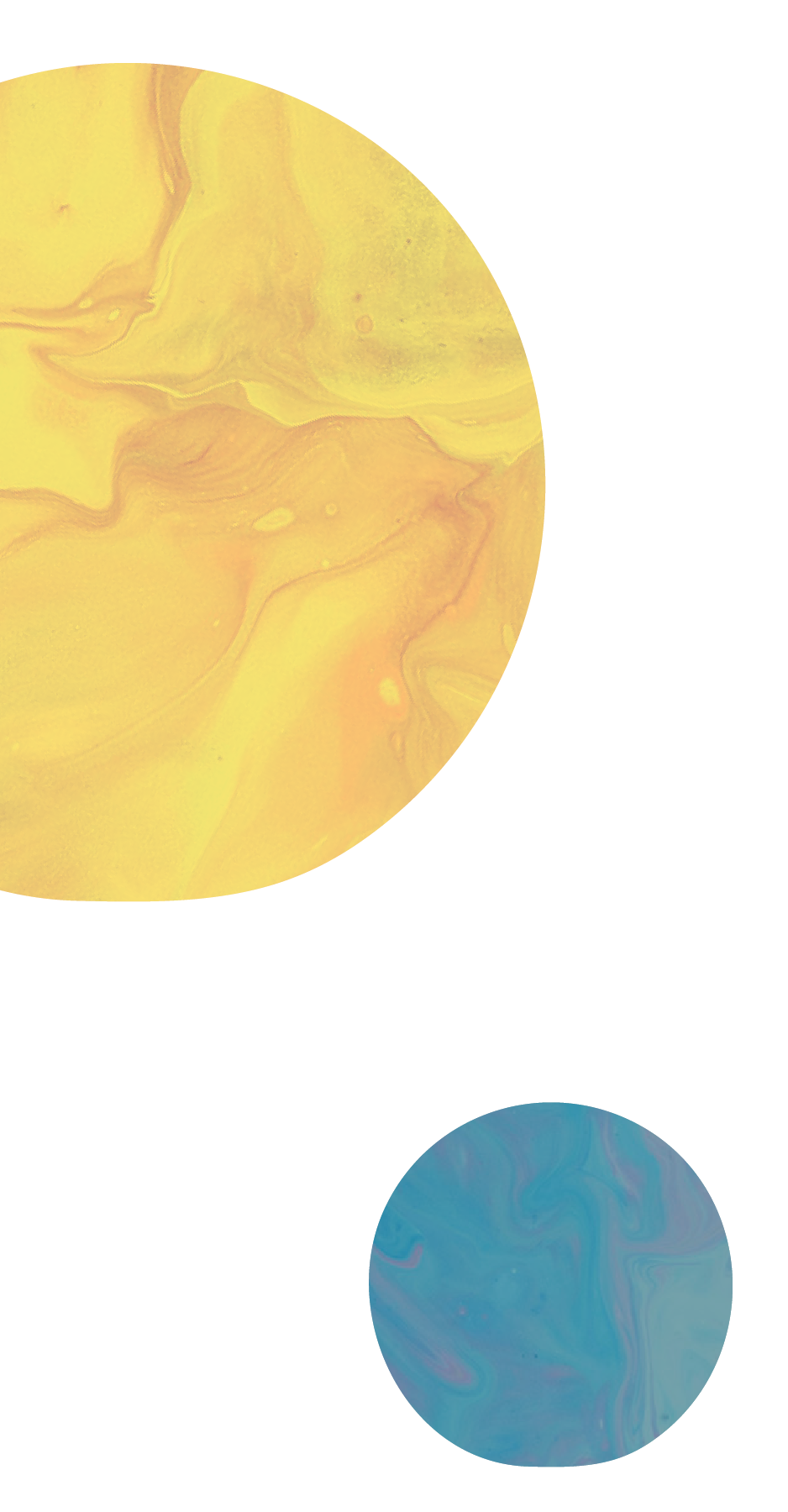 Abstract art featuring large yellow and smaller blue swirling circles with marbled patterns on a beige background.