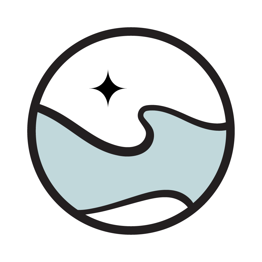 Minimalist illustration of a wave with a sparkle in the sky inside a circular border.