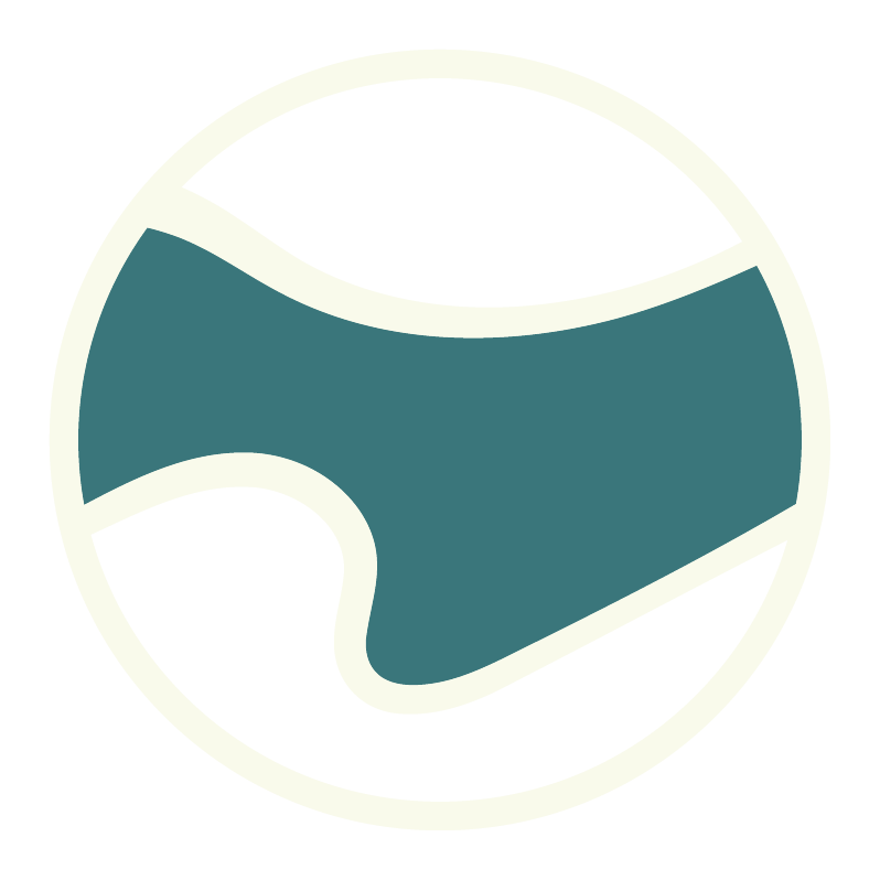 Stylized logo of a mountain climber in dark teal inside a white circle against a black background.