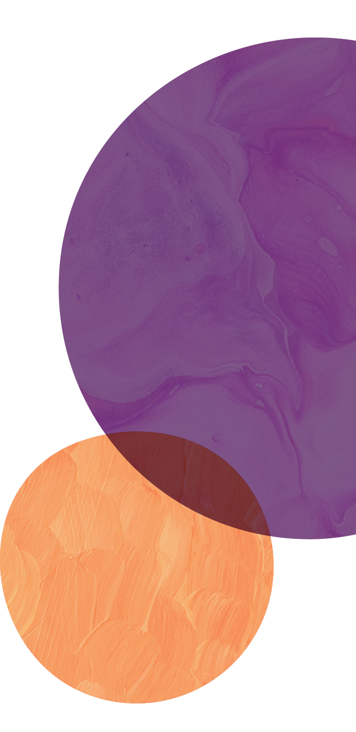 Abstract art with large purple and orange marbled circles on a black background.