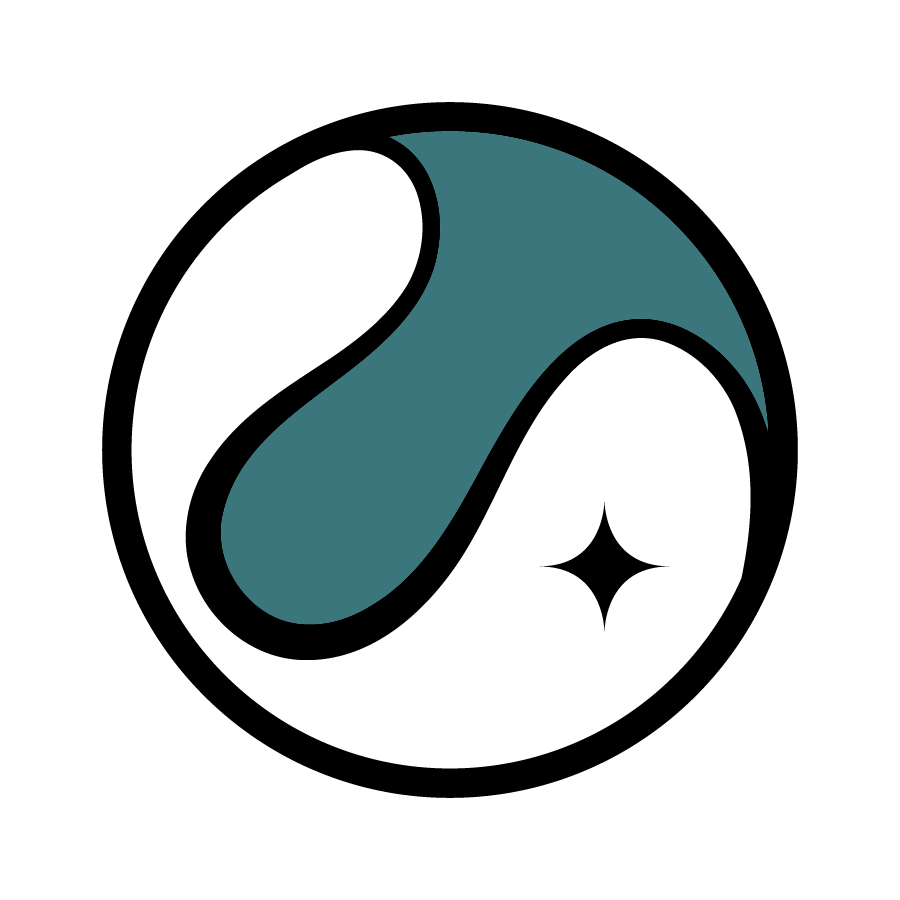 Black background with a teal-colored stylized wave shape.