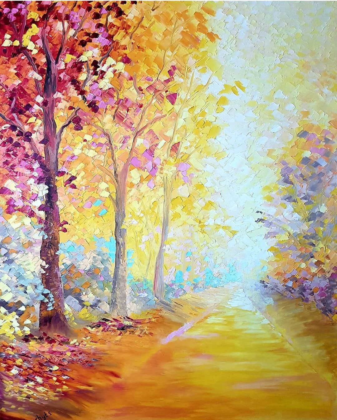Colorful abstract painting of a forest path with trees in fall colors, in shades of yellow, orange, purple, and blue.