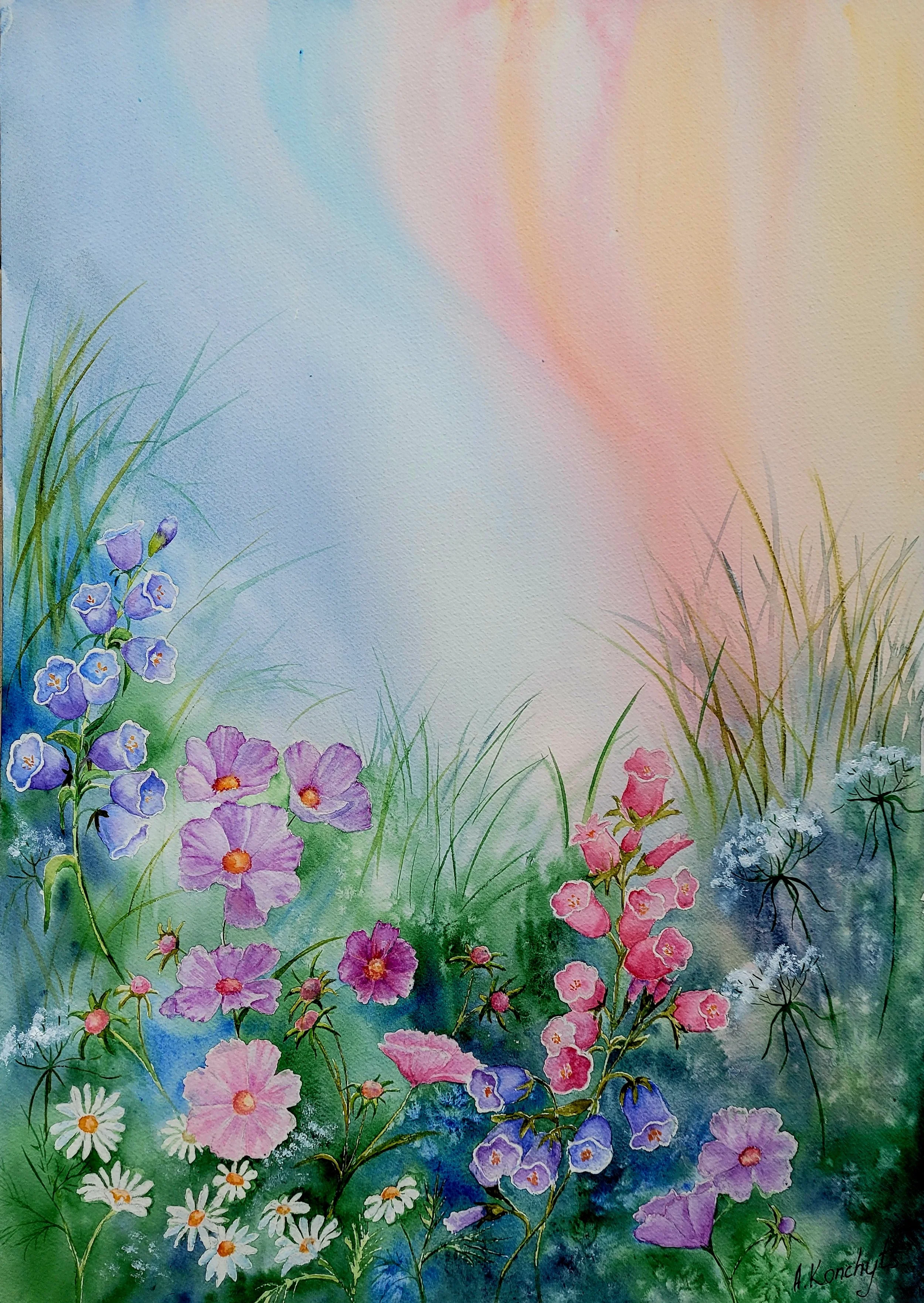 Watercolor painting of various colorful flowers and grasses in a garden with a pastel background.