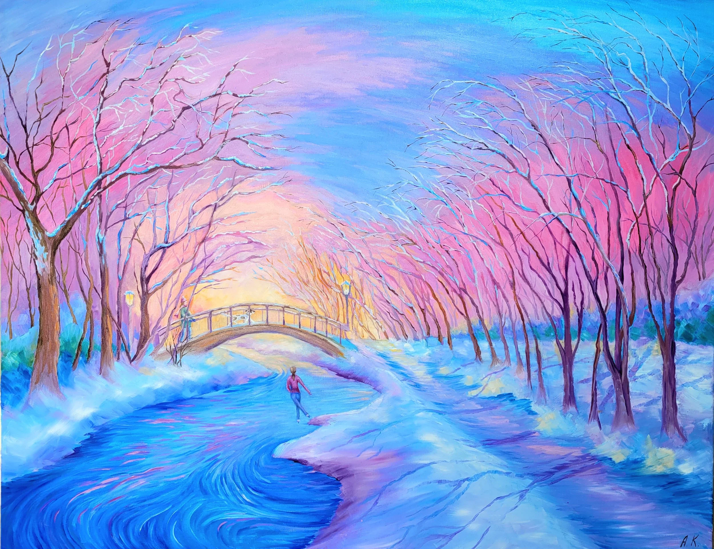 A colorful painting of a winter landscape with blooming pink trees, a rushing river, a person skating on the river, and a bridge in the background, under a pastel sky.