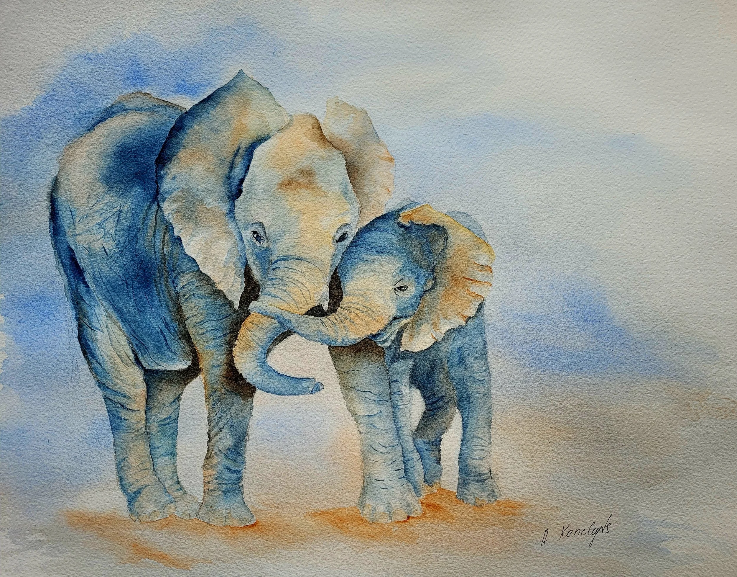 Watercolor painting of two elephants, one adult and one baby, standing close together against a soft background.