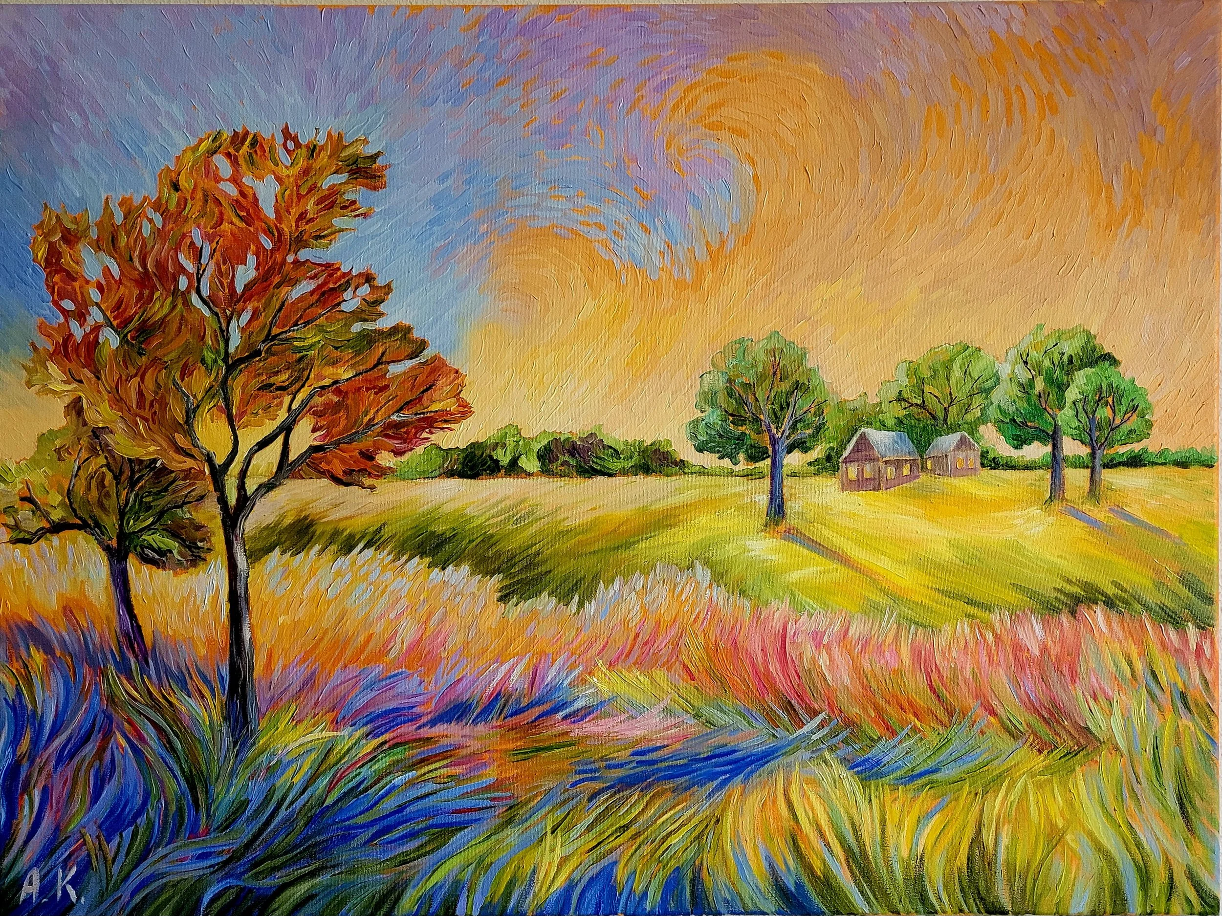 An impressionist painting of a landscape with colorful trees, a grassy field, a few small houses, and a vibrant sky.