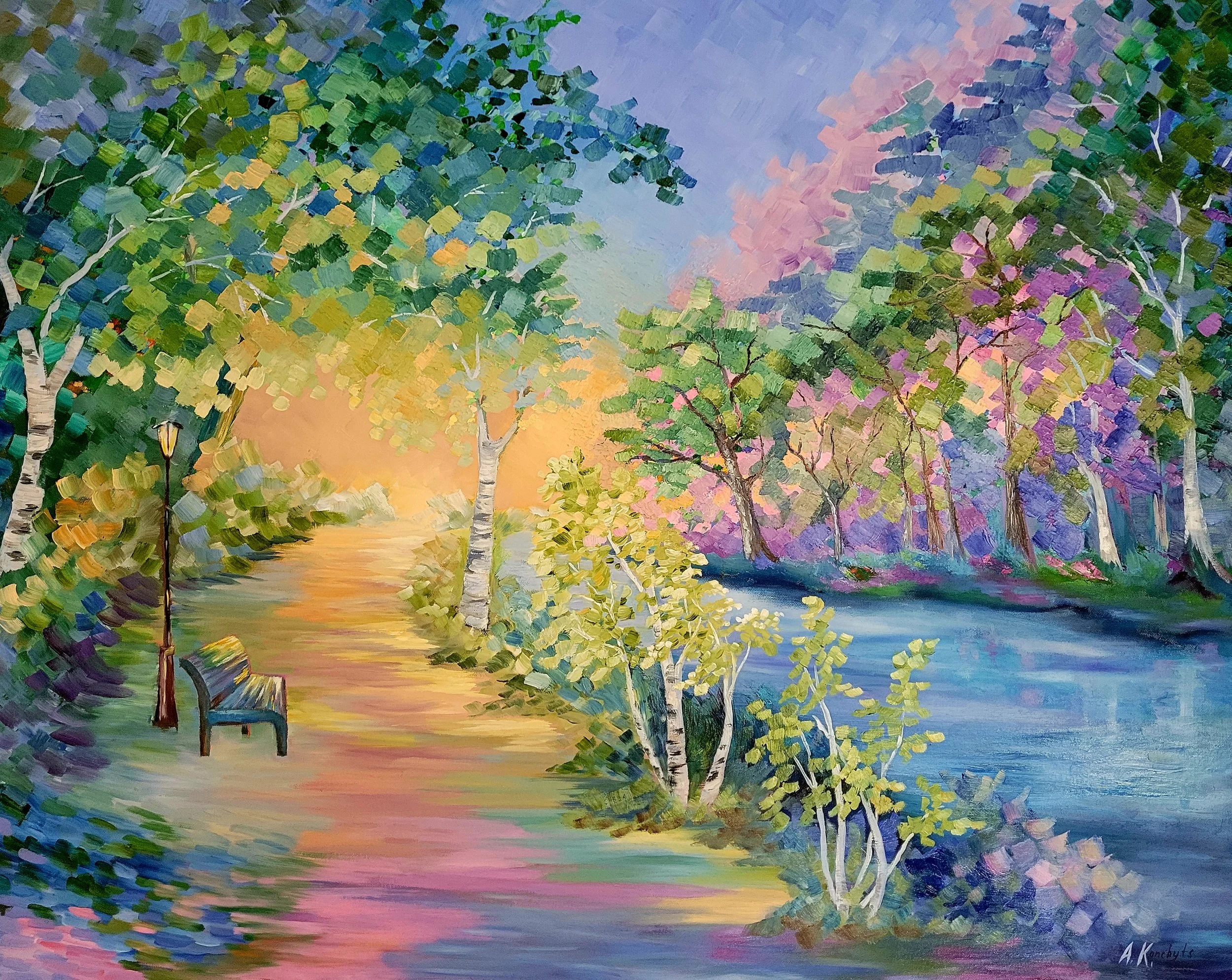 A colorful landscape painting depicting a park by a river during sunset. The scene includes trees with green, pink, and purple leaves, a bench, a lamp post, and a winding pathway along the water.