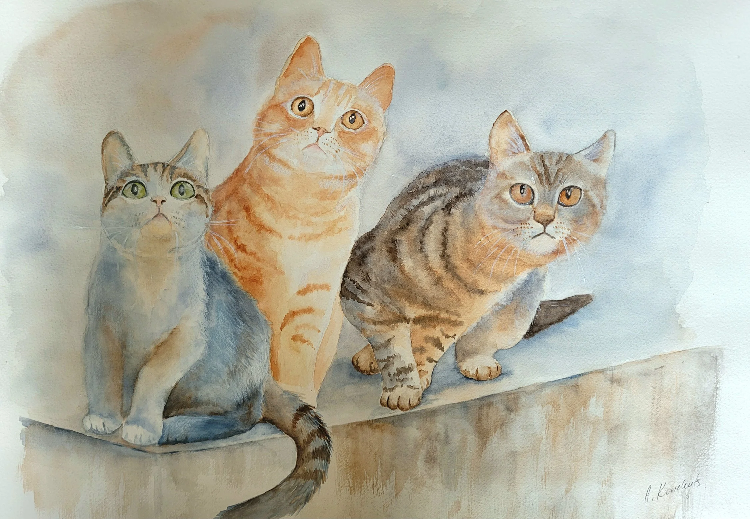 Watercolor painting of three cats sitting on a ledge with light background, one gray tabby, one orange tabby, and one brown tabby.