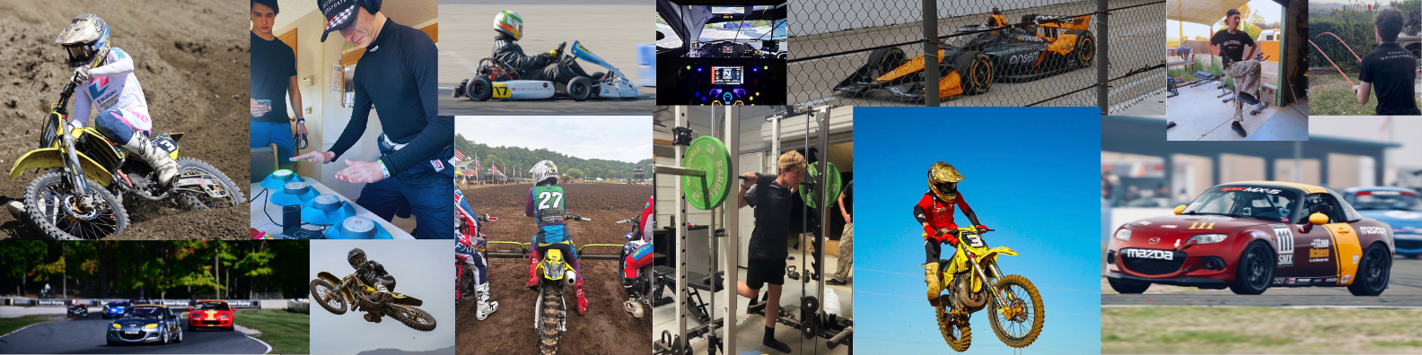 Collage of various motorsports activities including dirt bike racing, go-kart racing, and car racing, with people training and participating in these motorsports.