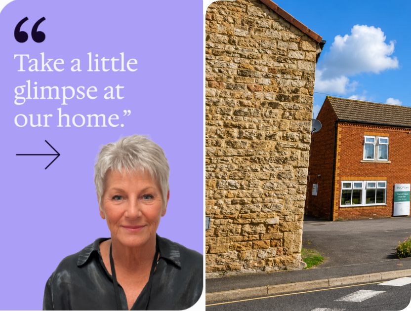 RDCP branded text box with an image of Ann Lebeter, Home Manager at Haddon House Care Home in Clowne, that reads 'Take a little glimpse at our home.' alongside an image of the red brick exterior of Haddon House Care Home in Clowne, Chesterfield
