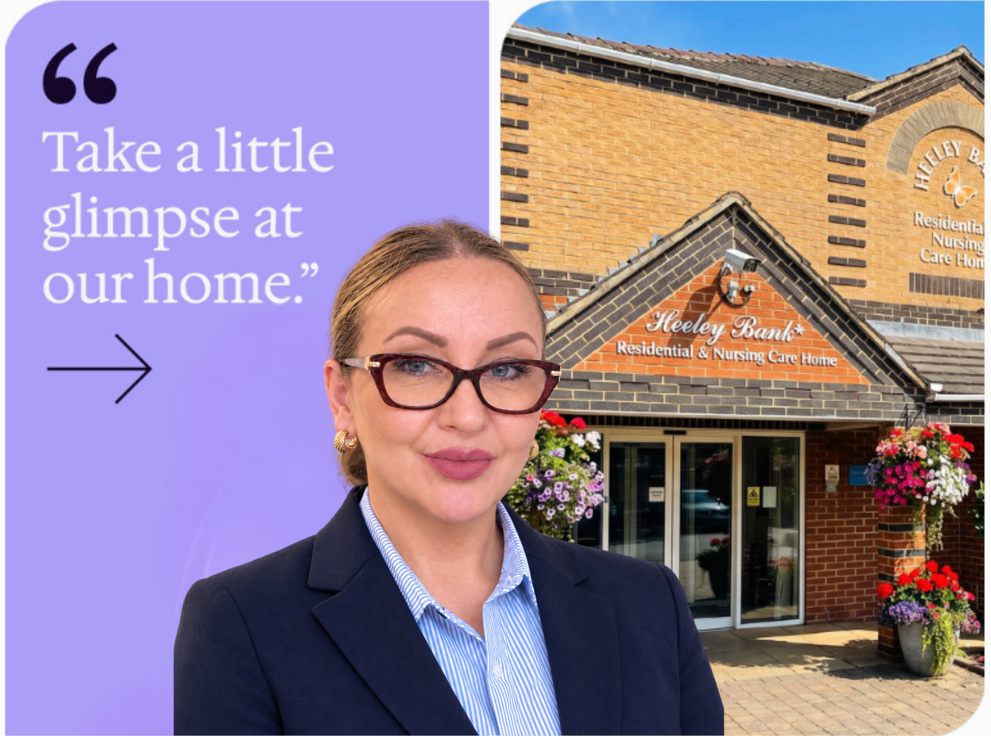 RDCP branded text box with an image of Michelle Croft, Deputy Manager at Heeley Bank Care Home in Sheffield that reads 'Take a little glimpse at our home.' alongside an image of the red brick exterior of Heeley Bank Care Home.
