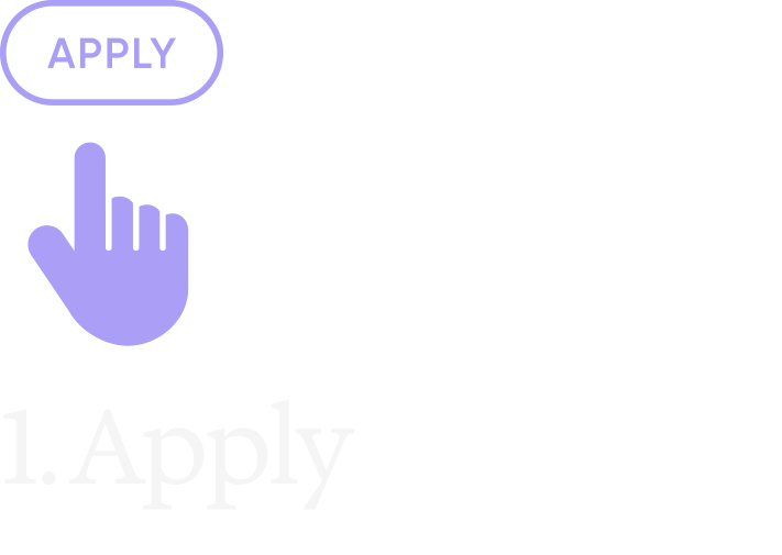 A graphic instructing to apply, with a purple hand icon pointing upward and the word "APPLY" inside an oval at the top, and the number "1" followed by the word "Apply" below.