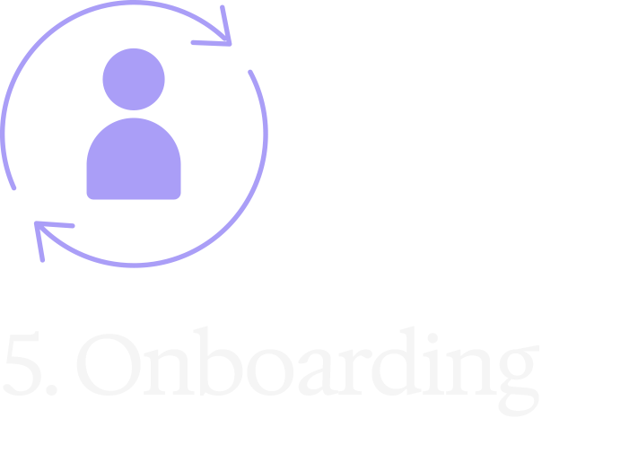 Graphic showing a user icon inside a circle with arrows indicating onboarding, labeled '5. Onboarding'