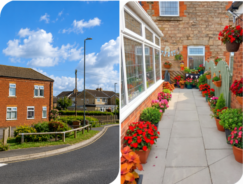 Side-by-side images of the red brick home exterior  and a patio with  a variety of potted plants and flowers, including hanging baskets at Haddon House Care Home in Clowne