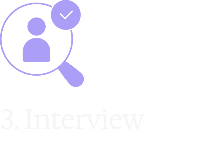 Illustration of a magnifying glass focusing on a person icon with a check mark, and the text '3. Interview' in bold below.