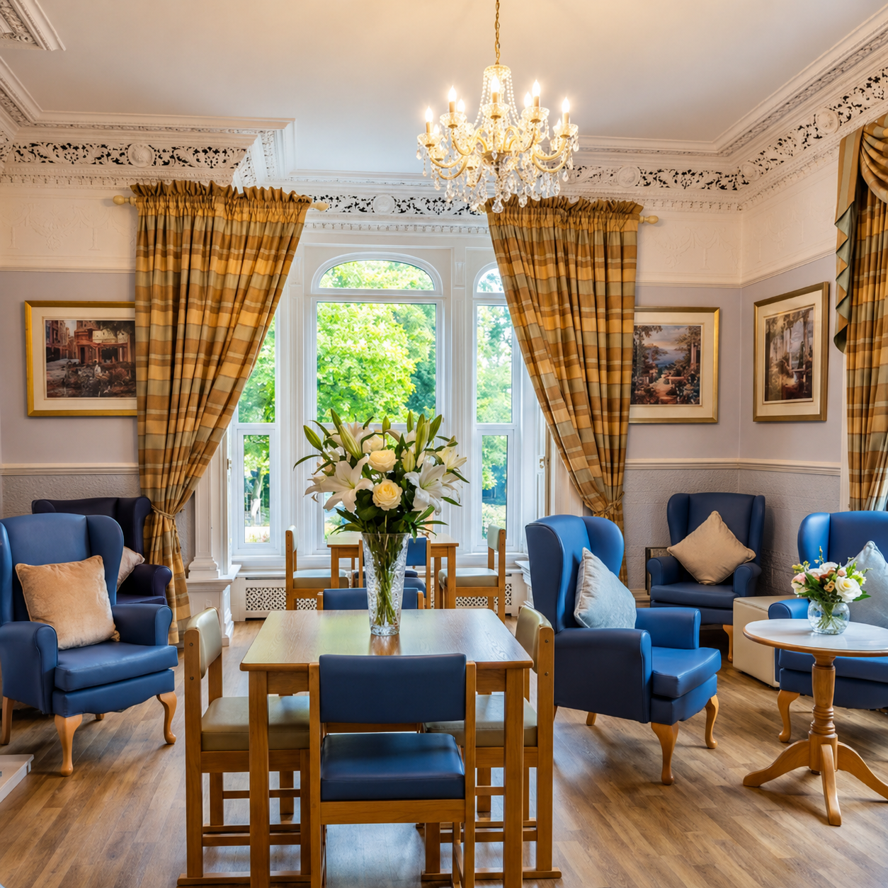 Elegant living room with blue armchairs, a wooden table with a flower vase, large window with yellow plaid curtains, chandeliers, and framed artwork at Poplars Care Home in Burton on Trent