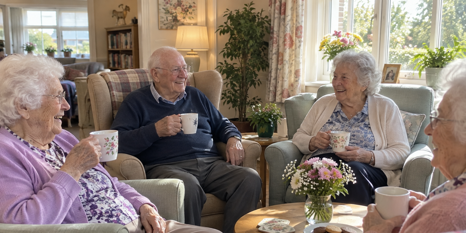 care home residents sitting in a lounge, drinking tea and chatting