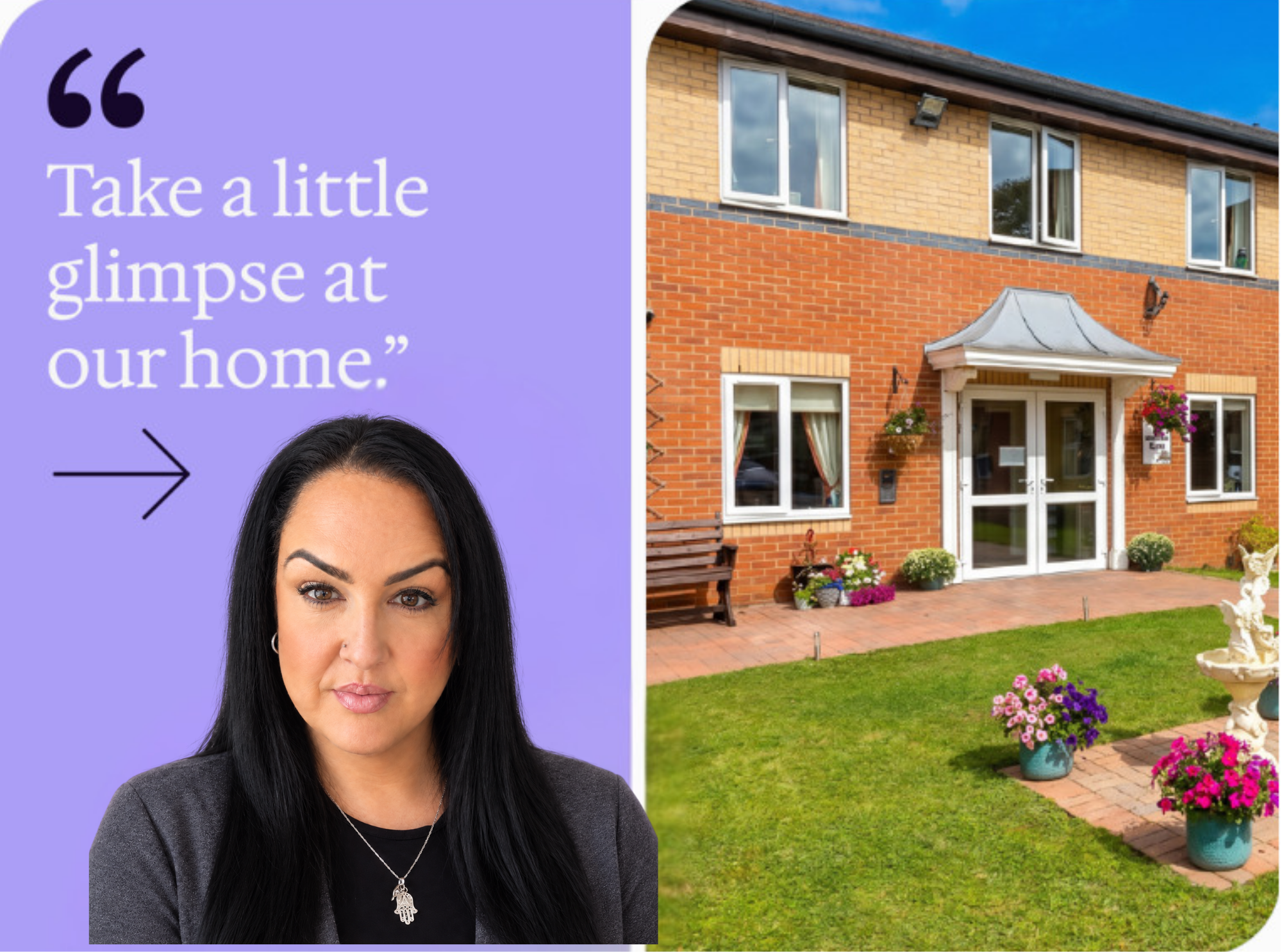 RDCP branded text box with an image of Kellie Bingham, Home Manager at Clifton Manor Nursing Home in Clifton that reads 'Take a little glimpse at our home.' alongside an image of the red brick exterior of Clifton Manor Nursing Home in Clifton.

